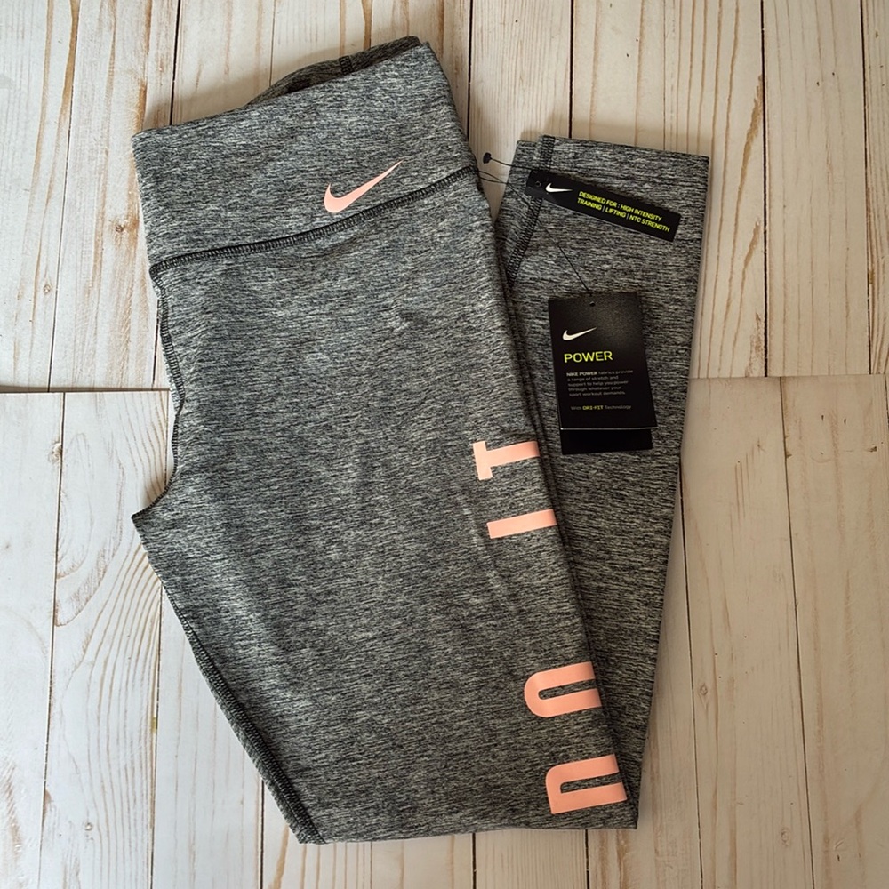 Nike NWT Dri-Fit Power Grey Pink Leggings Tight Gym Yoga Workout Sz L Womens